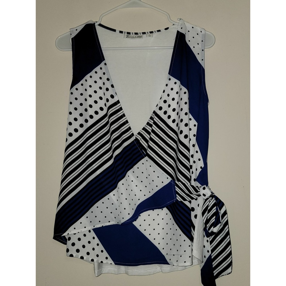 7th Avenue Design‎ Studio Company Wrap Top Blue White Black Tie Waist Size S